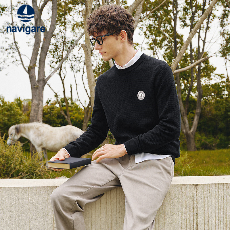 Navigare意大利小帆船可机洗黑色毛衣男25秋冬新品休闲羊毛