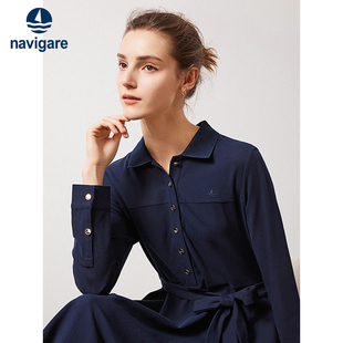 Navigare意大利小帆船蓝色收腰Polo连衣裙女休闲通勤中长款裙子