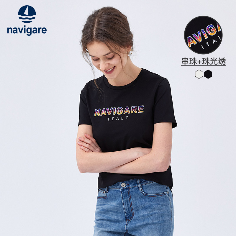 Navigare意大利小帆船短袖t恤女士休闲新款圆领体恤黑色字母