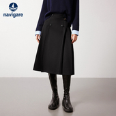 Navigare意大利小帆船黑色半身裙女士松弛感百褶裙a字裙子 羊毛