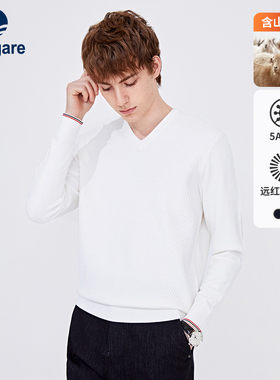 [羊绒]Navigare意大利小帆船白色套头毛衣男秋季v领针织打底衫
