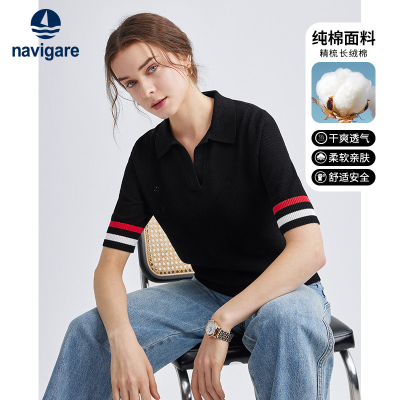 Navigare意大利小帆船黑色v领短袖polo衫女夏季镂空t恤