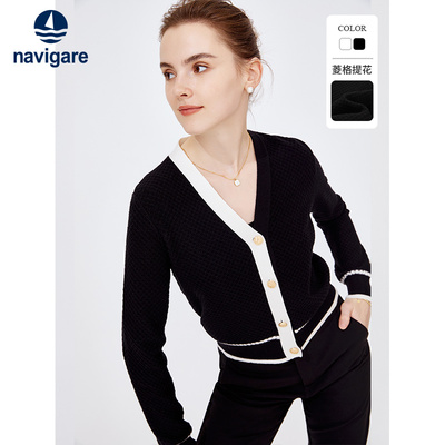 Navigare意大利小帆船秋季小香风针织开衫女黑色显瘦毛衣外套