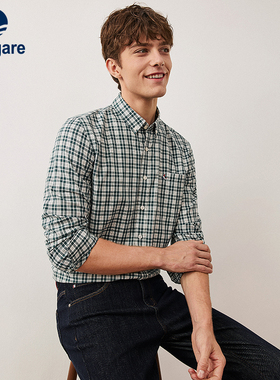 [天丝]Navigare意大利小帆船春季绿色格子衬衫男长袖休闲衬衣