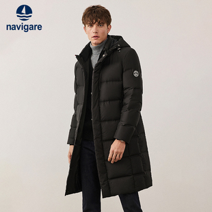 [三防]Navigare意大利小帆船黑色长款羽绒服男冬季休闲连帽外套