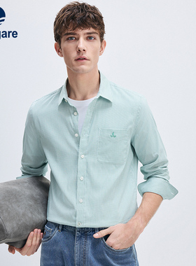 Navigare意大利小帆船绿色休闲长袖衬衫男春季工装格子衬衣