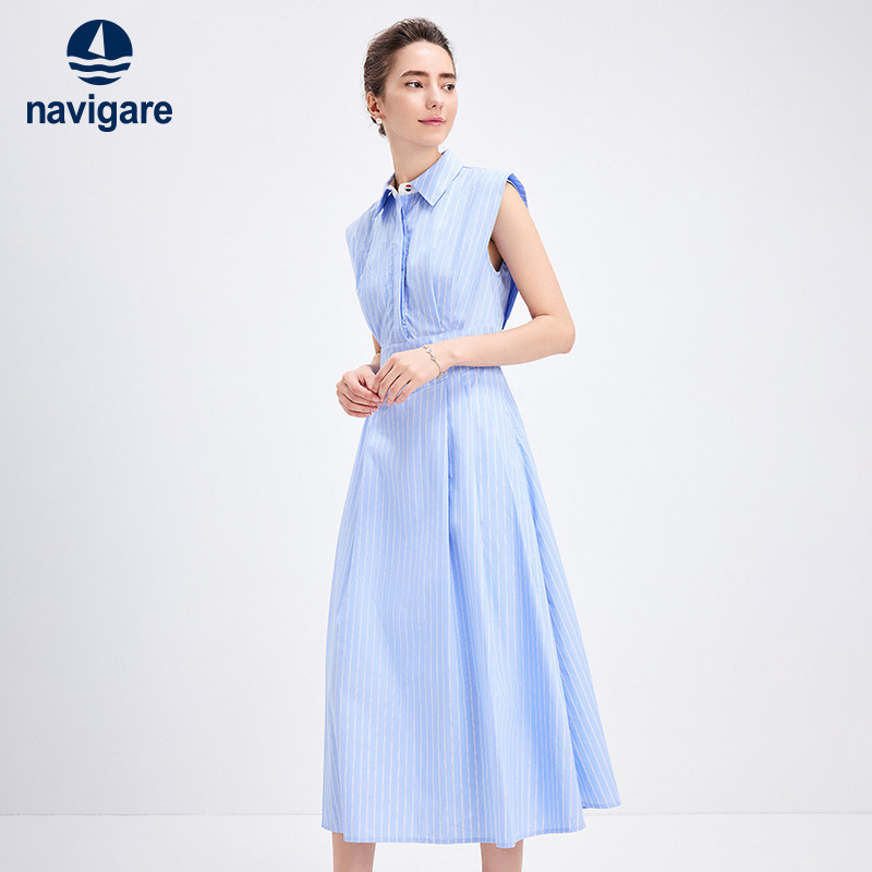 Navigare意大利小帆船翻领纯棉无袖连衣裙女新款收腰条纹衬衫裙