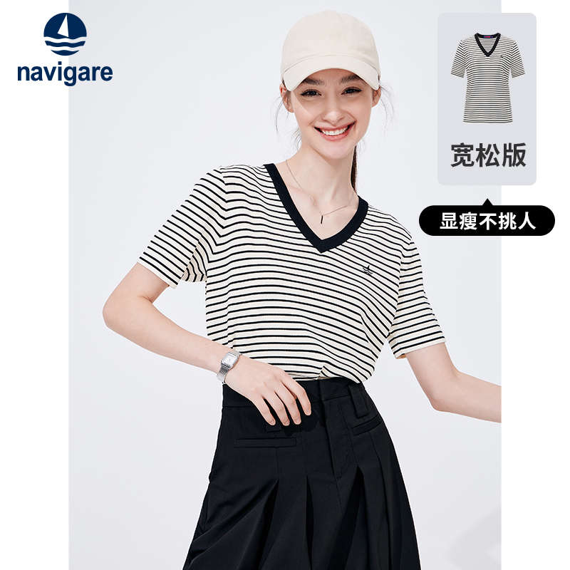 意大利小帆船条纹短袖T恤女
