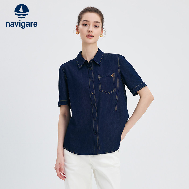 [纯棉]Navigare意大利小帆船夏季牛仔衬衫女短袖宽松衬衣外套