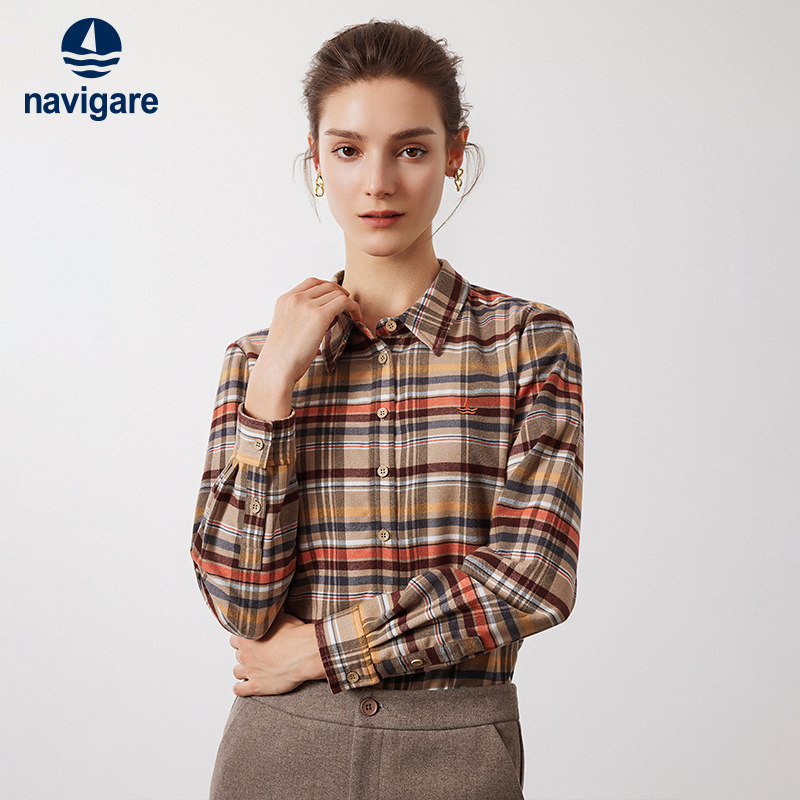[磨毛]Navigare意大利小帆船卡其色格子衬衫女长袖新款休闲