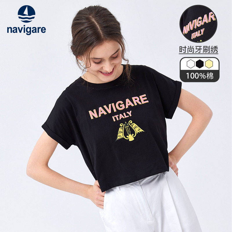 [纯棉]Navigare意大利小帆船短袖t恤女黑色圆领体恤上衣
