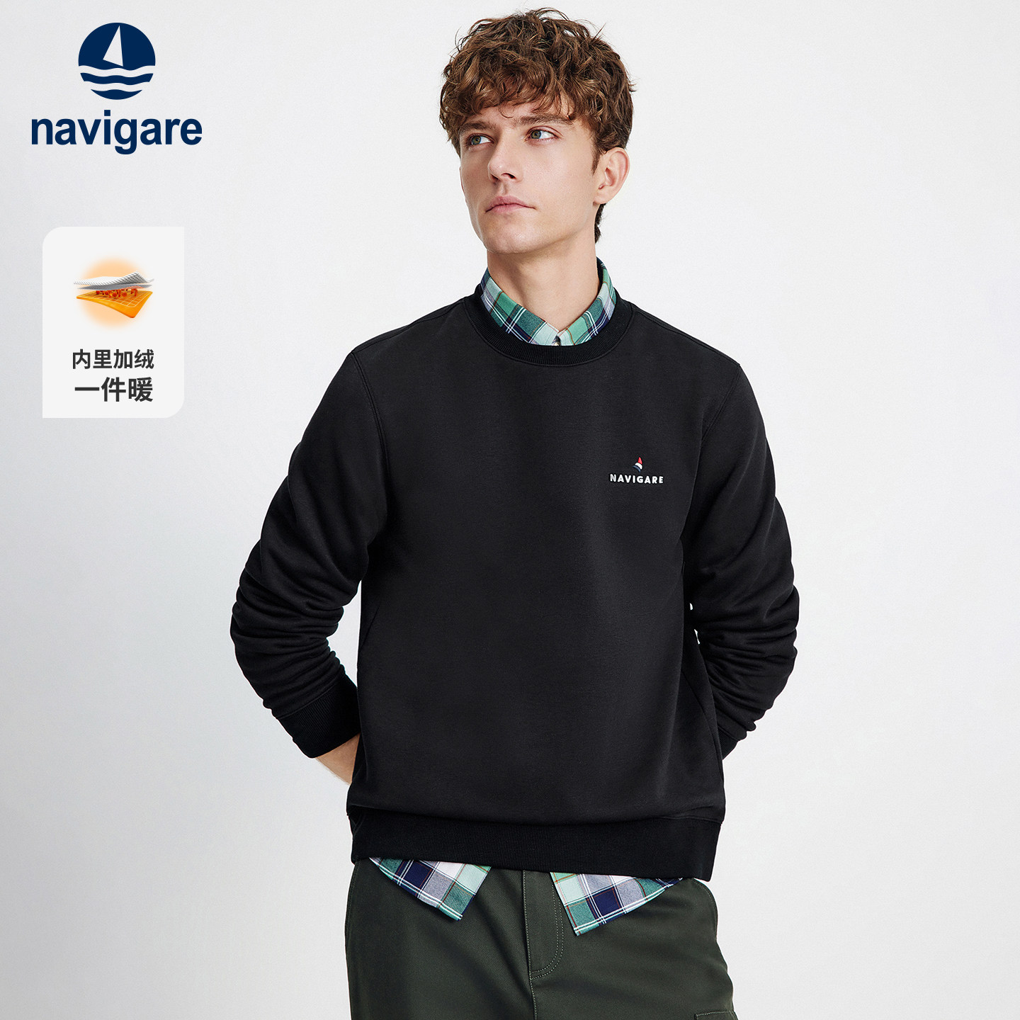 Navigare意大利小帆船时尚圆领加绒卫衣男25秋冬新款纯色套