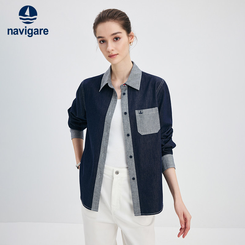 [纯棉]Navigare意大利小帆船蓝色工装牛仔衬衫外套女秋季宽