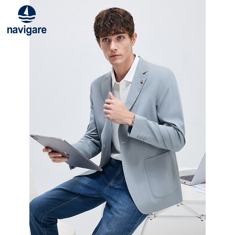 Navigare意大利小帆船灰色薄款西装外套男士春秋季时尚休闲西服