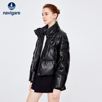 Navigare意大利小帆船黑色短款休闲白鸭绒羽绒服女冬季保暖外套