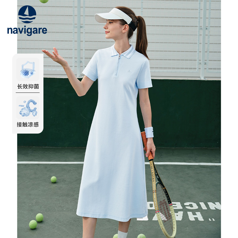 Navigare意大利小帆船夏季蓝色短袖polo连衣裙女士半拉链