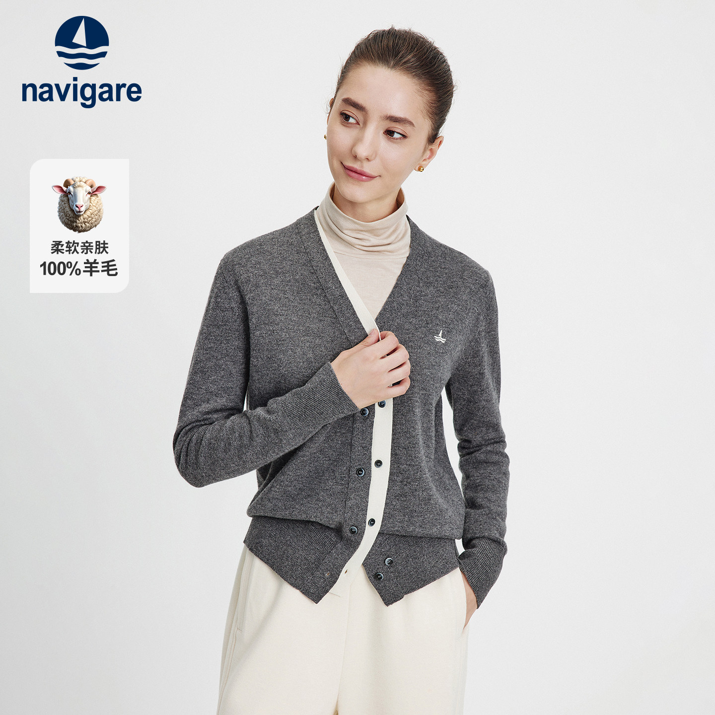 [纯羊毛]Navigare意大利小帆船设计感毛衣女V领针织长袖开