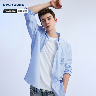 男长袖 蓝色条纹衬衫 Navigare意大利小帆船春季 休闲衬衣 纯棉