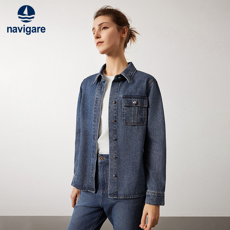 Navigare意大利小帆船蓝色短款工装衬衫外套女秋季休闲牛仔衣
