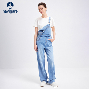Navigare意大利小帆船夏季蓝色复古背带牛仔裤女士直筒连体裤