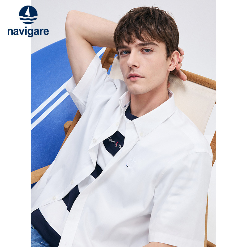 [凉感]Navigare意大利小帆船白色短袖衬衫男夏季宽松衬衣外