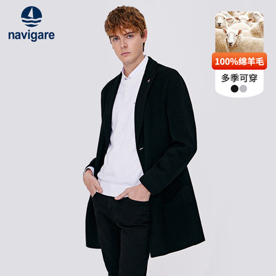 [纯羊毛]Navigare意大利小帆船黑色毛呢大衣男秋季休闲中长款外套
