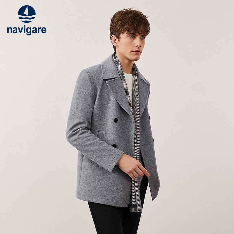 [羊毛]Navigare意大利小帆船灰色呢大衣男士秋冬新款休闲保