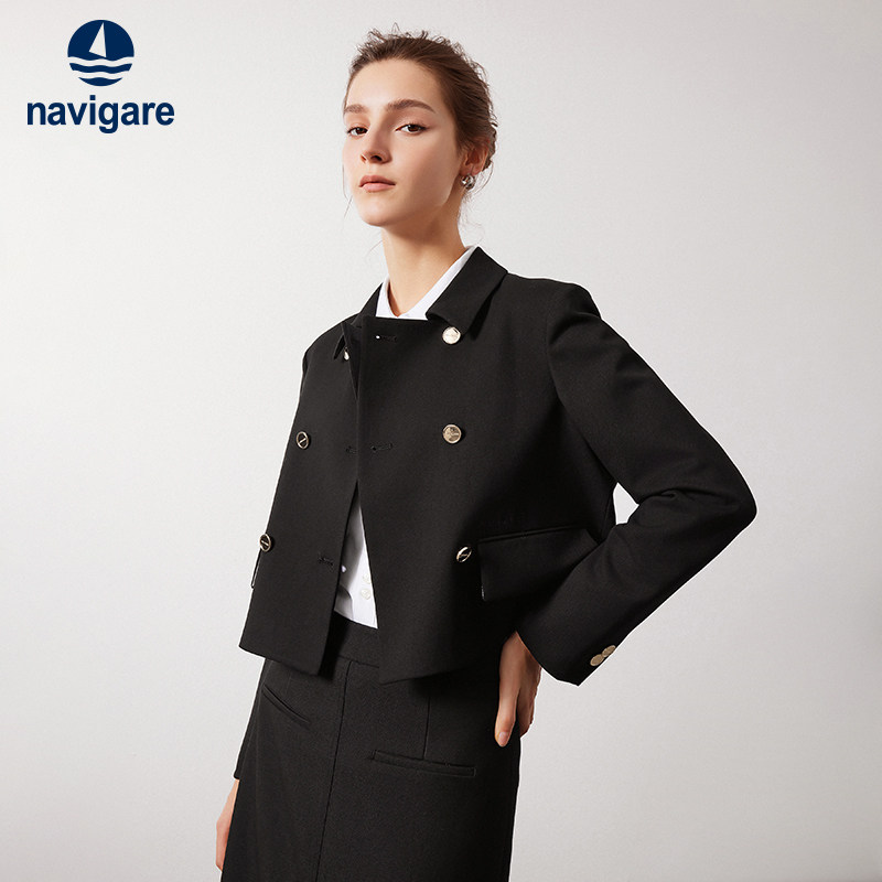 [羊毛]Navigare意大利小帆船秋季短款休闲西服女黑色宽松西