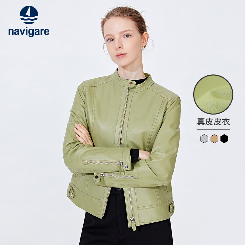 [绵羊皮]Navigare意大利小帆船黑色短款皮衣女春季哈灵顿夹克外套