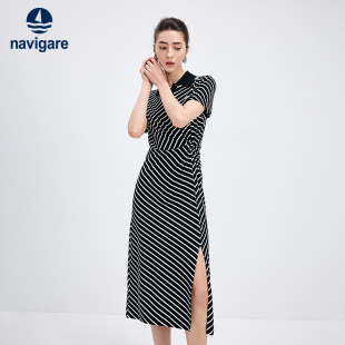 Navigare意大利小帆船夏季条纹polo连衣裙女休闲短袖连身裙