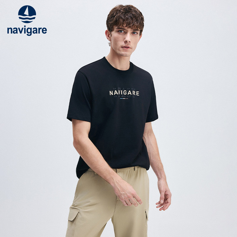 【重磅t】Navigare意大利小帆船黑色字母T恤男短袖纯棉圆领