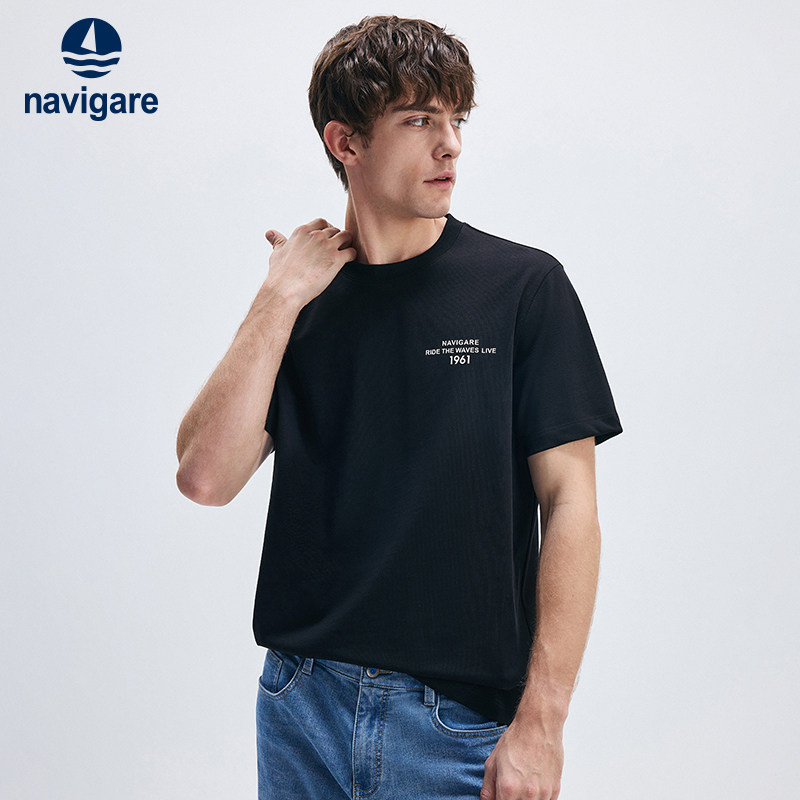 [凉感]Navigare意大利小帆船黑色短袖T恤男夏季纯棉圆领上