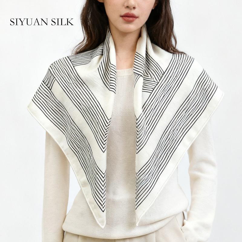 轻奢条纹丝巾女桑蚕丝羊毛高级感丝毛大方巾披肩外搭简约百搭围巾