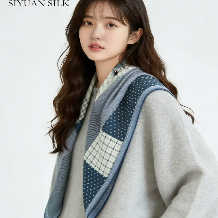 桑蚕丝羊毛方巾女格纹披肩双面异色复古丝毛丝巾百搭保暖围巾秋冬