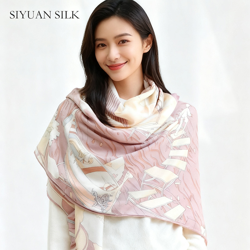 羊毛桑蚕丝丝巾127大方巾丝毛围巾出游复古秋冬旅游百搭礼盒包装