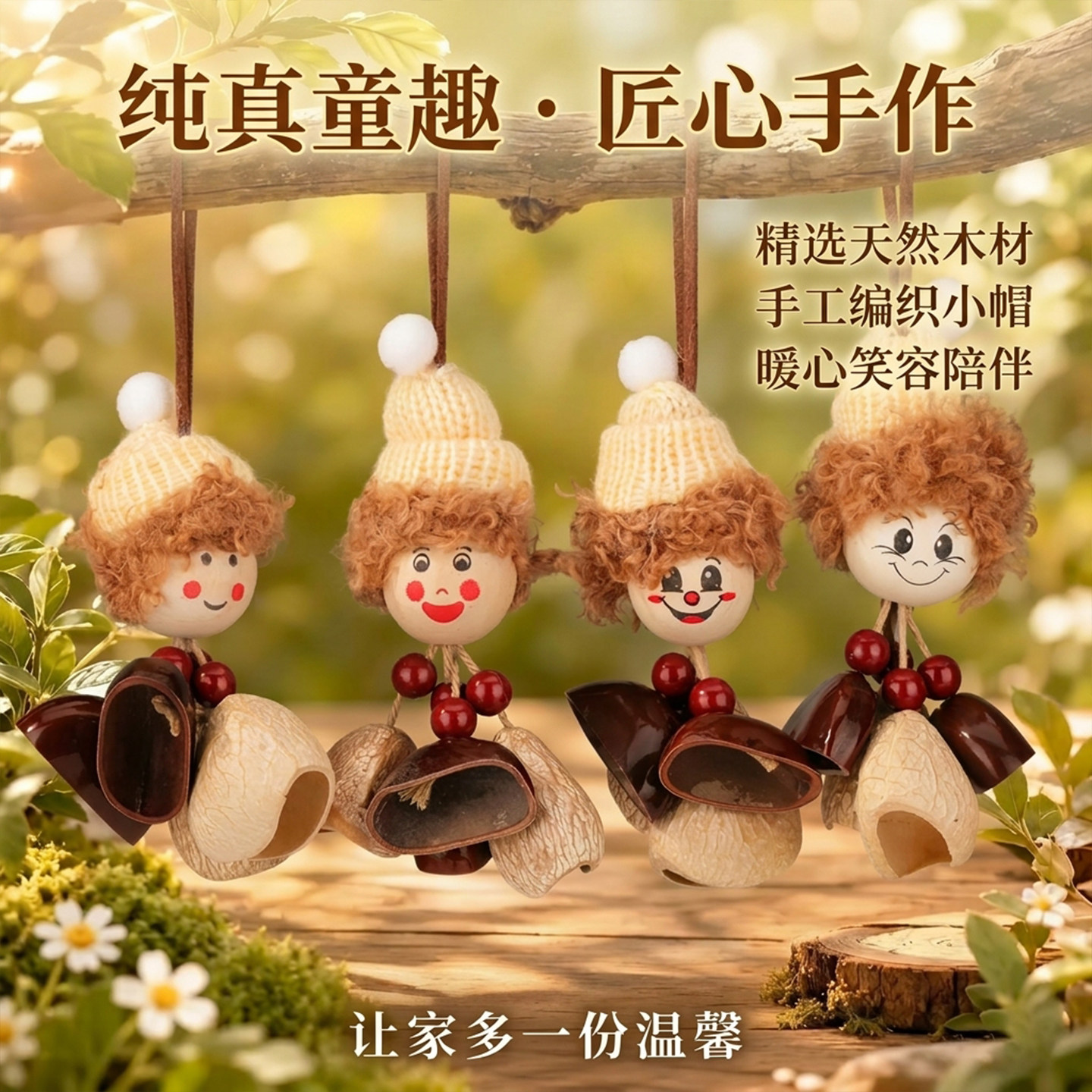 针织帽木脸娃娃挂件新品可爱原木娃娃包包钥匙挂饰DIY＞其它首饰