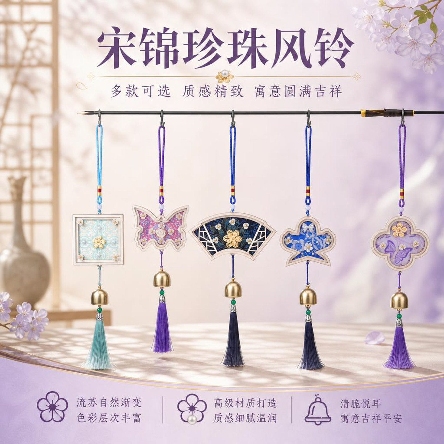 新中式宋锦珍珠风铃流苏挂饰