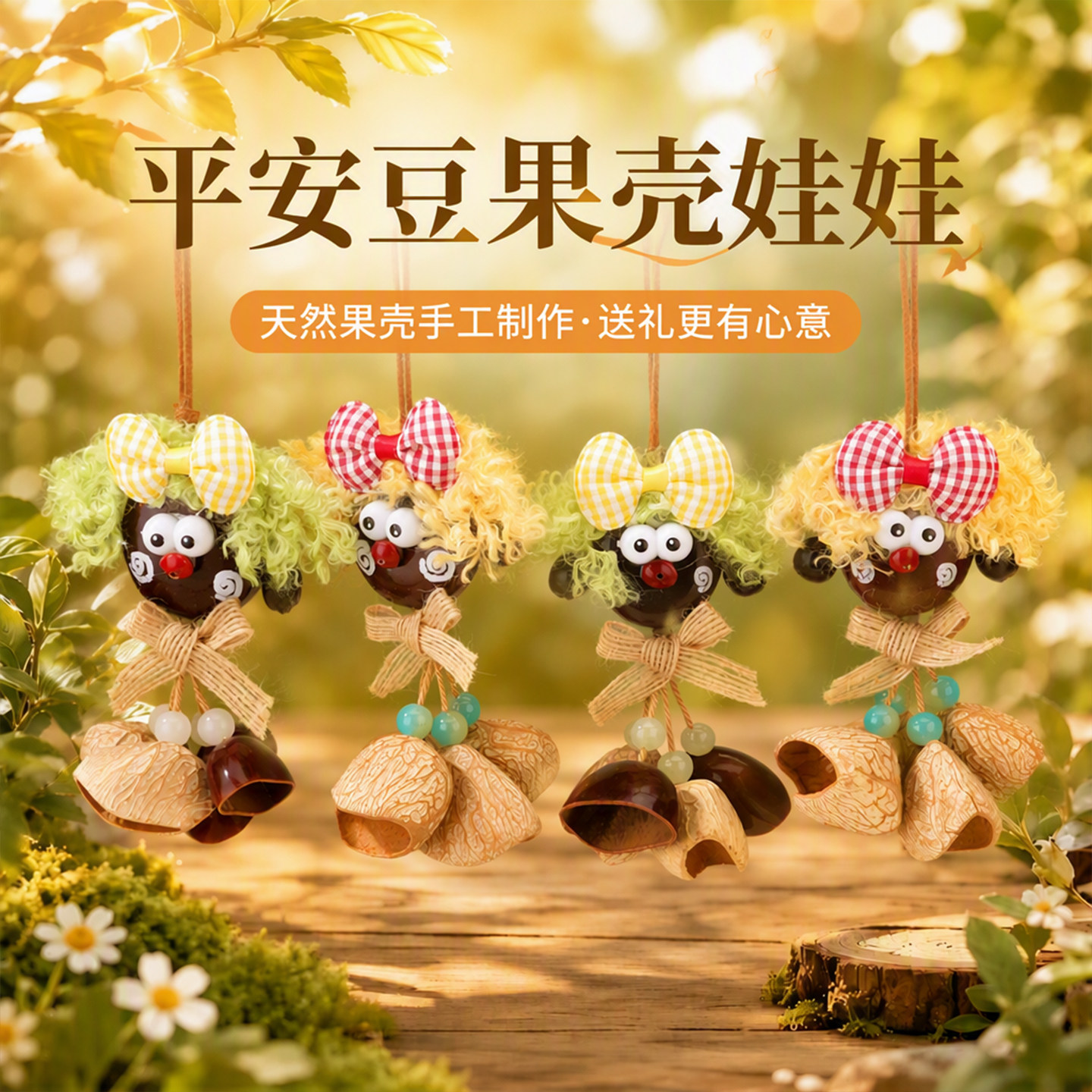 平安豆果壳娃娃挂件天然果壳平安豆玩偶包包钥匙DIY＞其它首饰