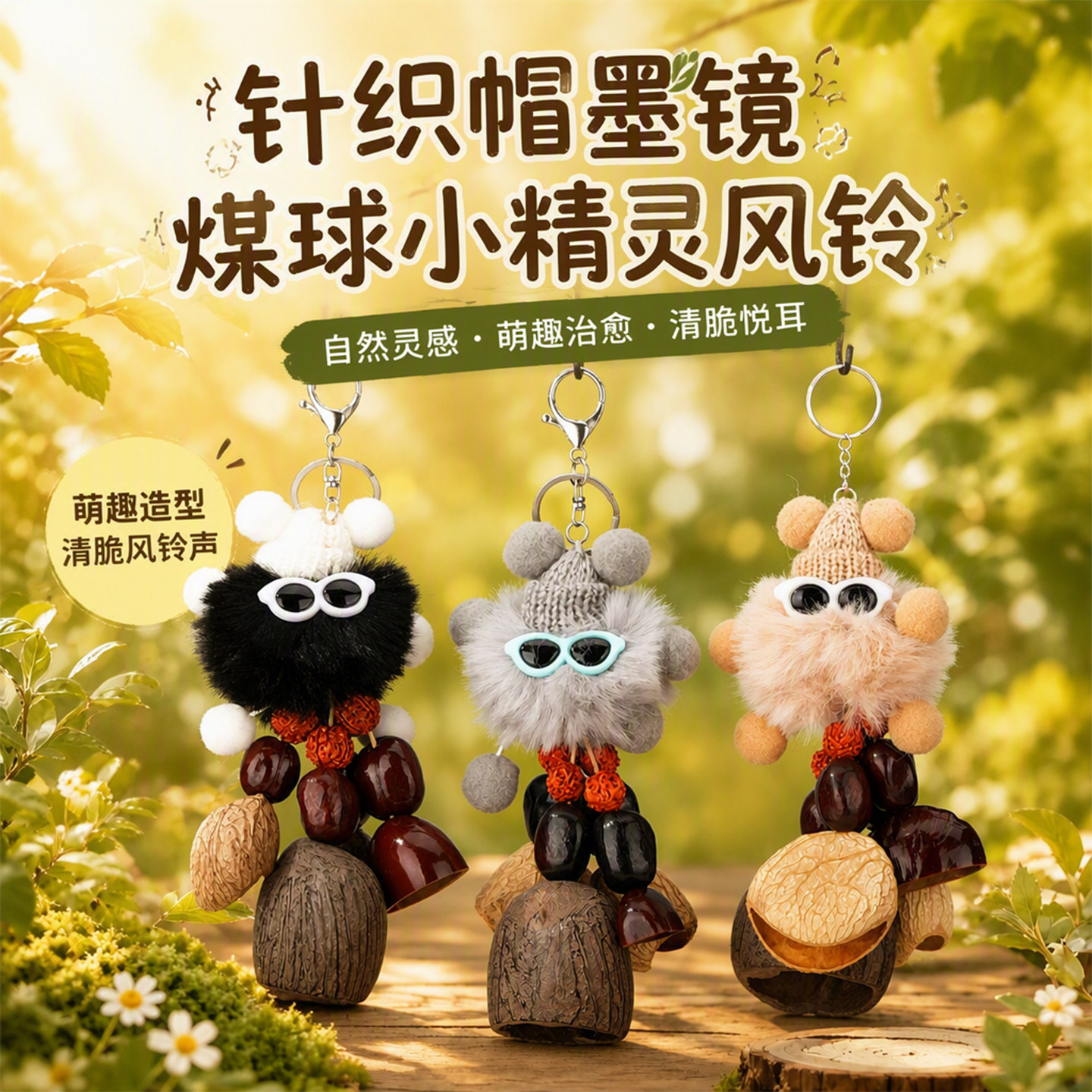 针织帽墨镜煤球小精灵果壳风铃挂件天然果壳门窗童趣＞其它首饰