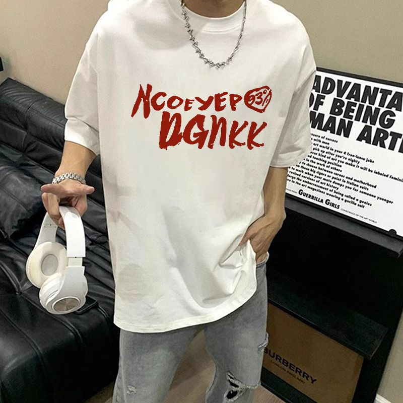 欧美高街字母t恤短袖男款夏季少年感痞帅潮牌重磅纯棉白色半截袖