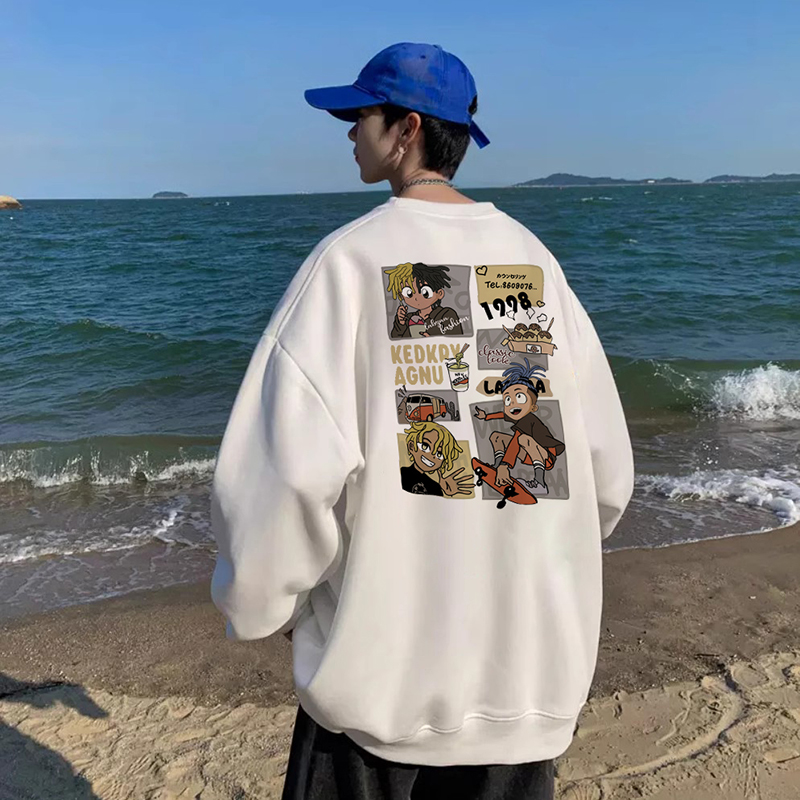 日系初秋套头圆领男款卫衣春秋季卡通印花少年感宽松百搭情侣外套