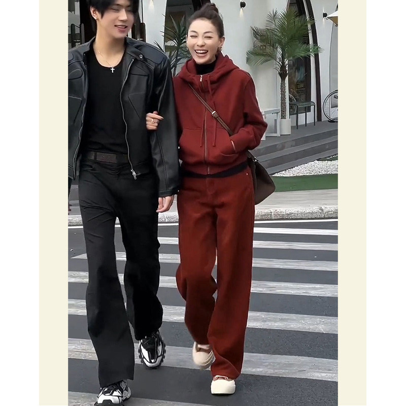 休闲运动套装女冬季新款高级感轻奢加绒加厚连帽卫衣阔腿裤两件套