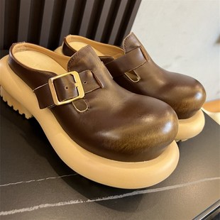 包头半拖增高凉鞋 女2024新品 休闲大头 拖鞋 牛皮外穿松糕厚底博肯鞋