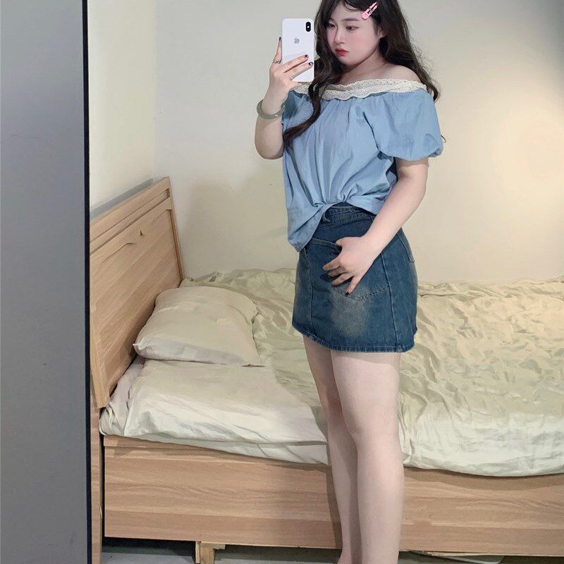 特大码胖mm短袖T恤女2-300斤显瘦甜辣蕾丝木耳边一字肩小衫上衣潮