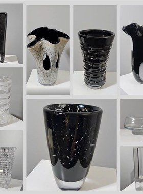 创意现代简约黑色花瓣口琉璃花瓶花器花插厚玻璃软装饰品摆件工艺