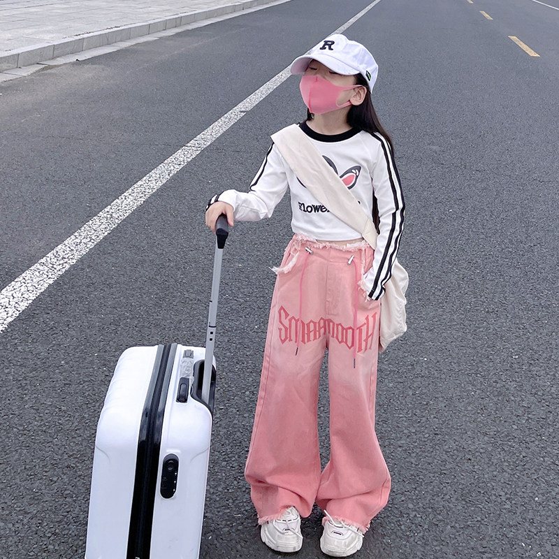 2023秋款女童美式复古渐层色抽绳直筒牛仔裤潮毛边高腰宽裤长裤