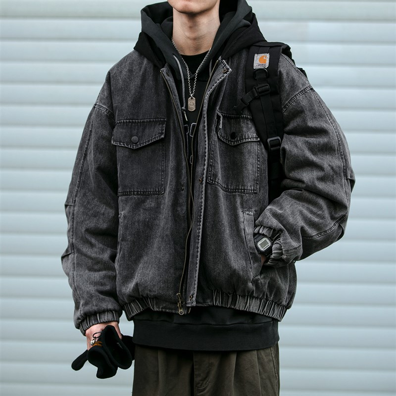 日系水洗连帽拼接牛仔棉服男潮牌宽松做旧工装加厚保暖棉衣潮