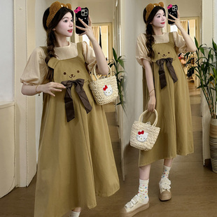 孕妇背带裙套装夏季新款甜美可爱孕妇装宽松遮肚时尚Y夏天连衣裙