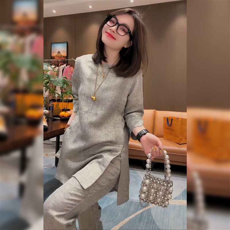 欧货亮丝麻时尚套装女夏新高级感潮显瘦棉麻中袖上衣直筒裤两件套