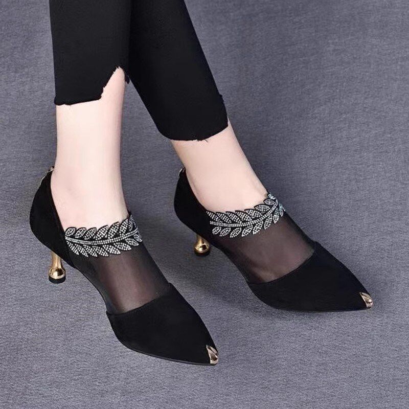 网纱单鞋a女尖头细跟2025春夏新款真皮镂空深口女鞋网面水钻高跟